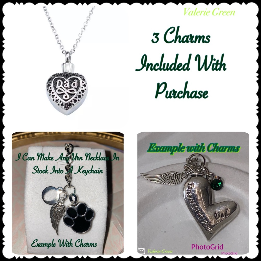 “Dad” Memorial Urn Necklace W/ 3 Charms